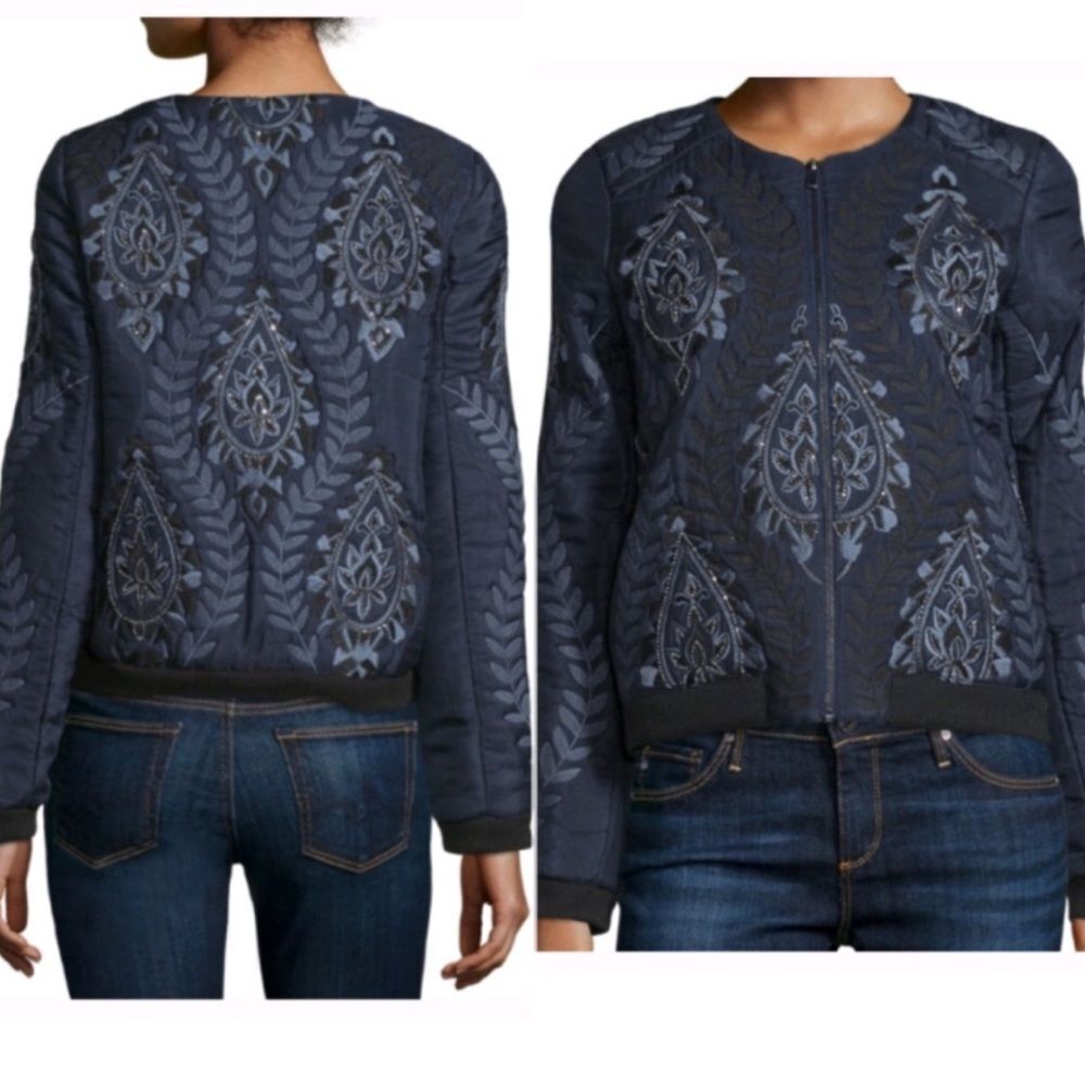 Parker Navy Blue silk Embroidered/beaded Women's bomber jacket , L